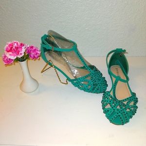 T-strap peep toe flats